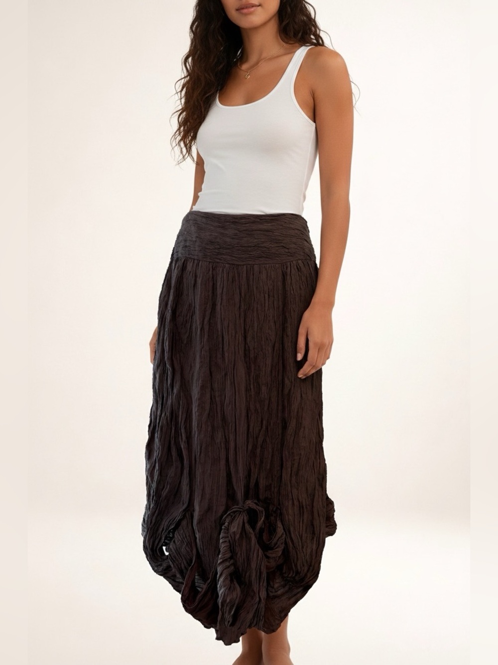 Donassy Silk Cotton Midi Skirt Brown Ruched A Line EU 38